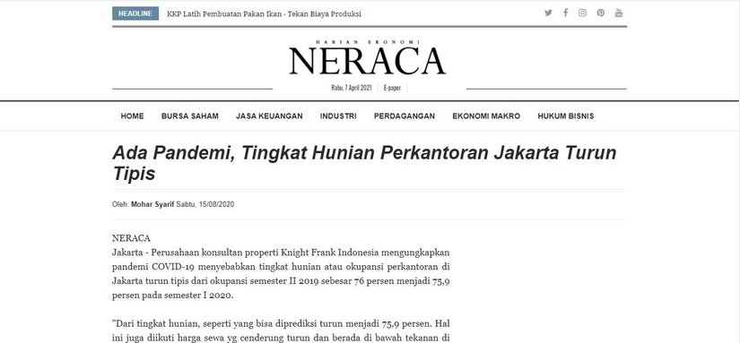 Ada Pandemi, Tingkat Hunian Perkantoran Jakarta Turun Tipis | KF Map – Digital Map for Property and Infrastructure in Indonesia